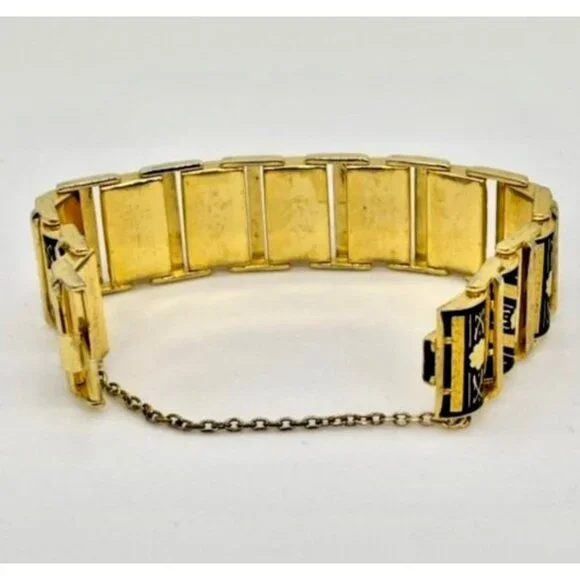 Vintage Damascene Links Bracelet Gold-Tone Metal with Etched Black Floral Motif~ - Picture 5 of 8